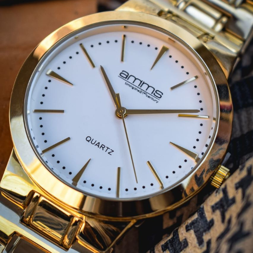 Amms Solid Stainless Steel Wrist Watch With White dial and Golden