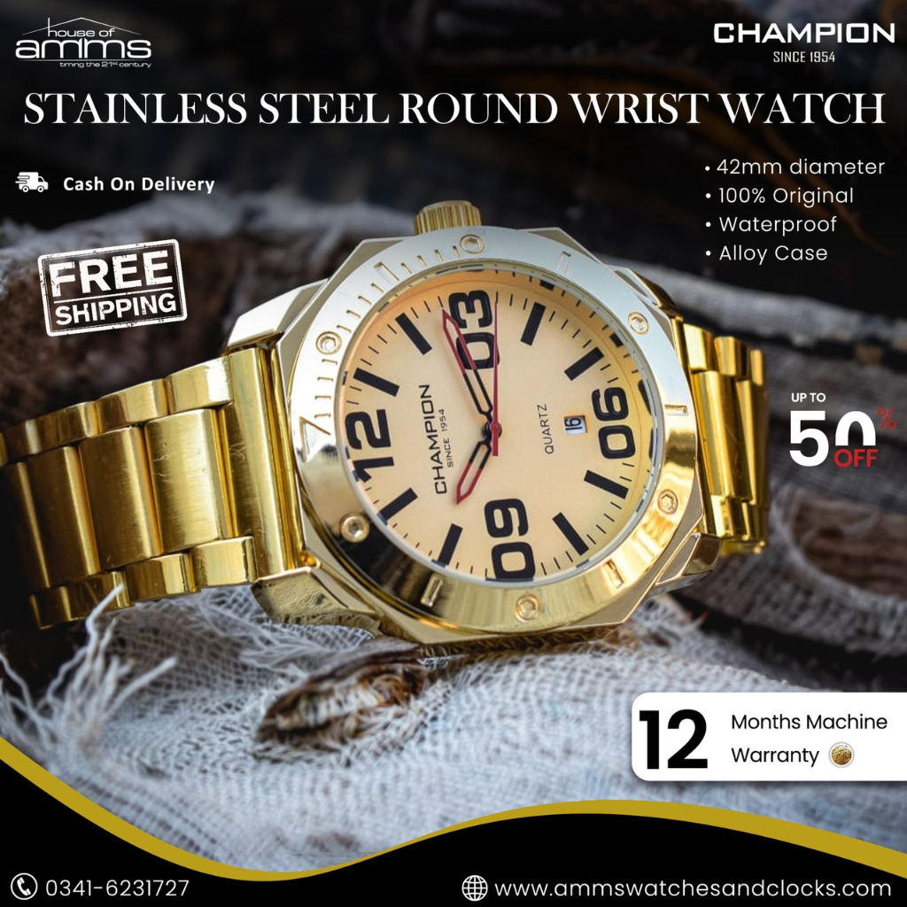 Champion Stainless Steel Golden Wrist Watch Amms Watches and Clocks